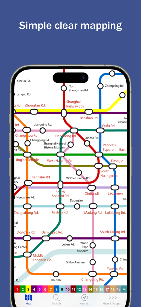Explore Shanghai - Interface of the Explore Shanghai app showing a simple and clear subway map with English station names