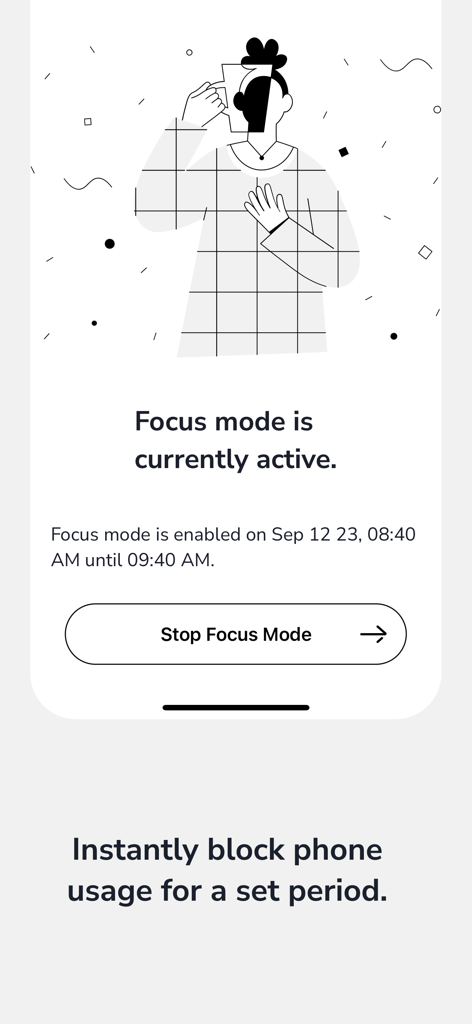Screen Time Control: Unplugged - Interfaz de la aplicación Unplugged que muestra que el Modo de Enfoque está activo con un botón para detenerlo
