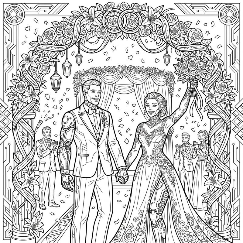 Witness a groundbreaking union where cybernetics meet romance in this unique Bionic Athletes Wedding coloring page. Immerse yourself in a celebration of love, innovation, and futuristic elegance.