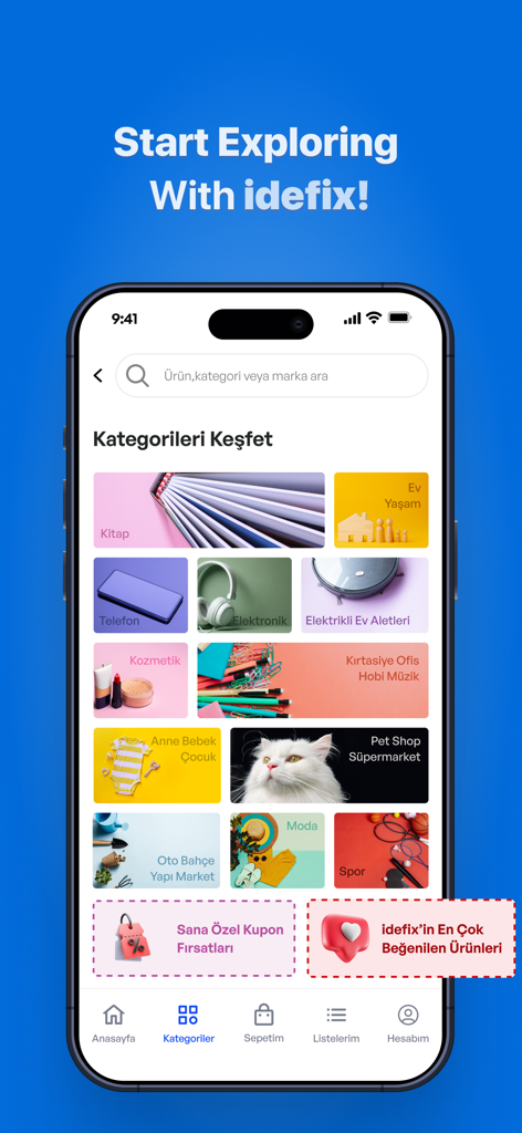 Mobile interface of idefix app showing various shopping categories like books and electronics