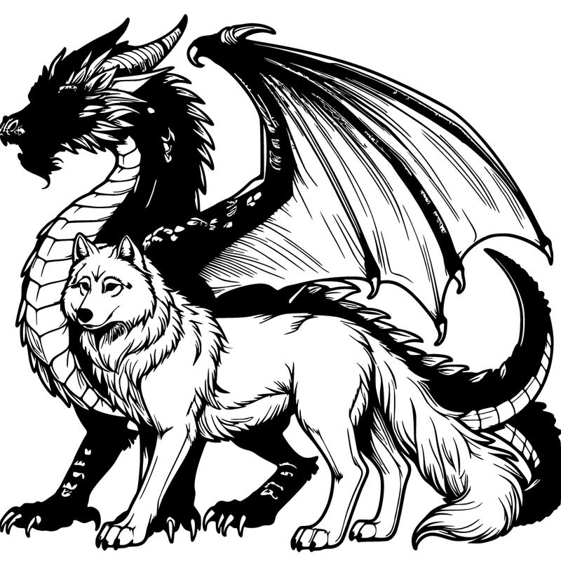 realistic detailed wild dragon and wolf