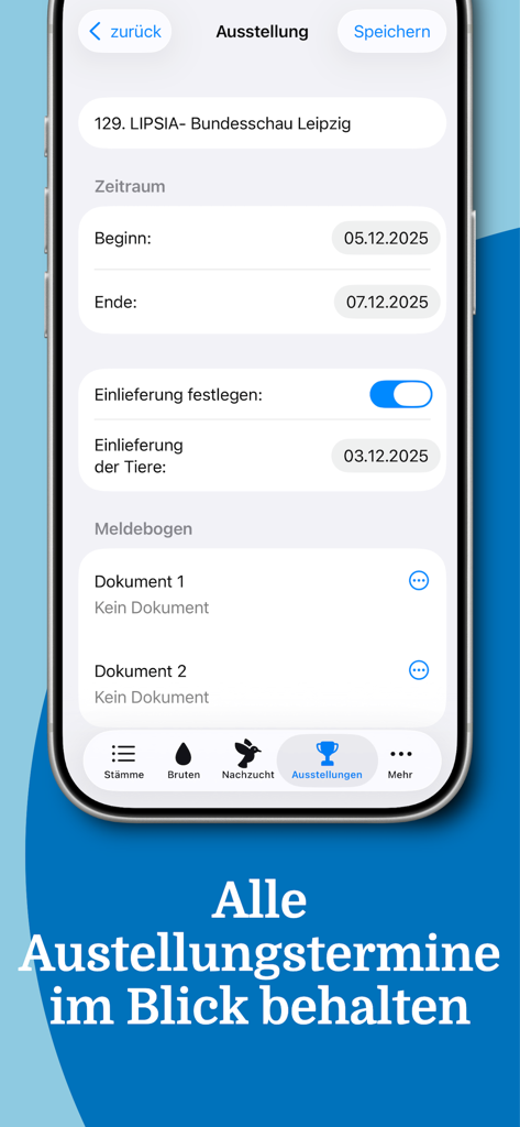 Pigeon Manager - Pigeon Manager app exhibition screen showing show dates, bird delivery deadlines, and document storage for a pigeon show event.