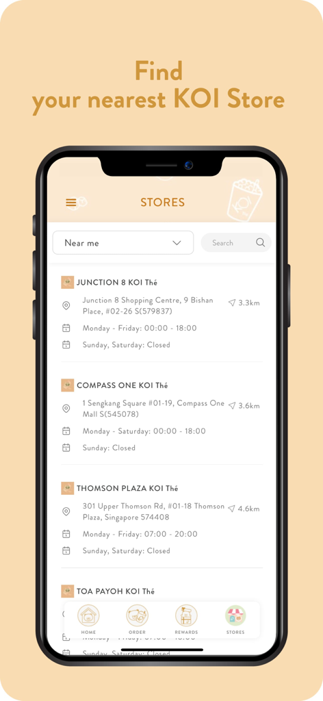 KOI Thé Singapore app store locator screen showing a list of nearby shop locations and operating hours