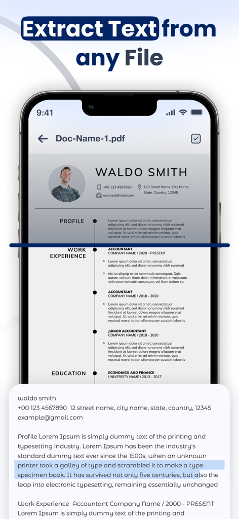 Smart Scanner: Convert PDF Doc - Schermata dello smartphone che mostra l'app Smart Scanner che estrae testo da un documento PDF utilizzando l'OCR
