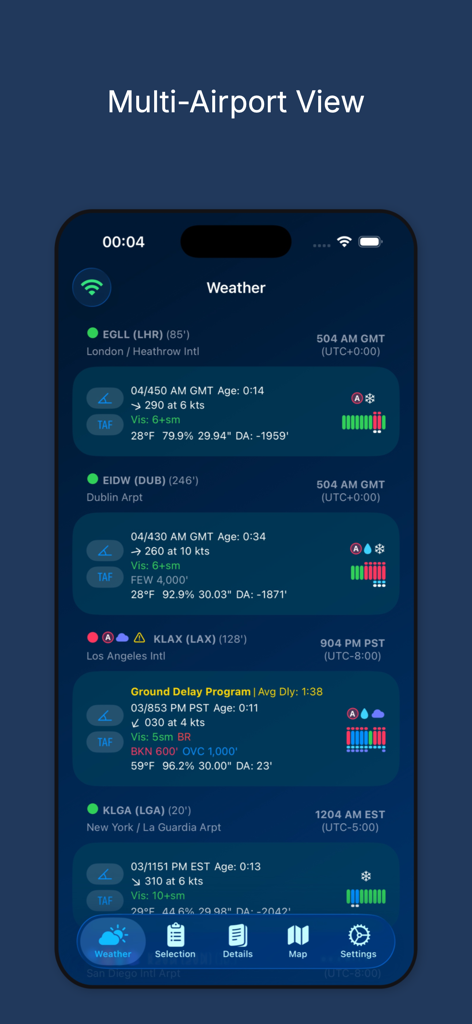 AvWx mobile app interface showing real-time aviation weather for multiple airports including London Heathrow, Dublin, Los Angeles, and LaGuardia.