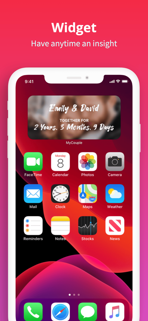 MyCouple - Love Calculator - MyCouple relationship anniversary widget on an iPhone home screen showing time together