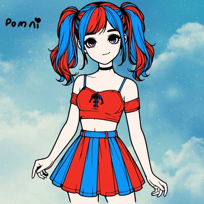 realistic girl in a skirt crop top and pigtails