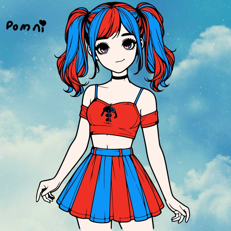 realistic girl in a skirt crop top and pigtails