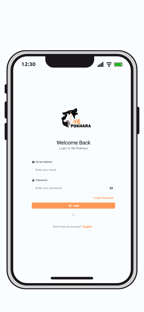 Login screen for the We Pokhara app featuring email and password input fields