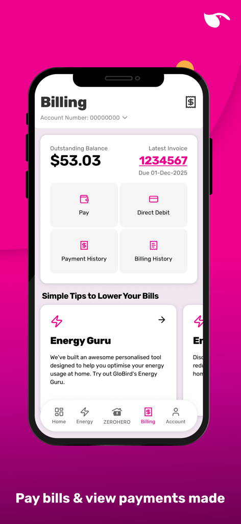 GloBird - GloBird energy app billing screen showing account balance and payment history options