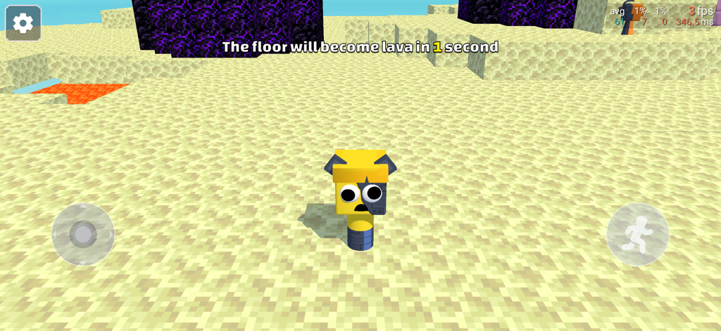 Lava Mod: Race Craft - A yellow block character standing on a sandy block terrain with a floor is lava countdown message.