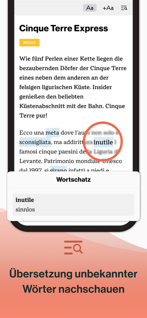 ADESSOアプリから、特定の単語のドイツ語翻訳ポップアップが表示されたイタリア語の記事を示すスマートフォン画面。