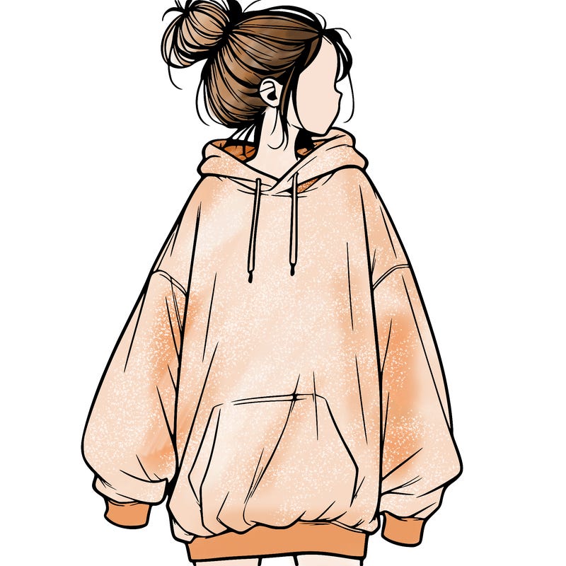 realistic girl with a oversized sweatshirt on and a bun