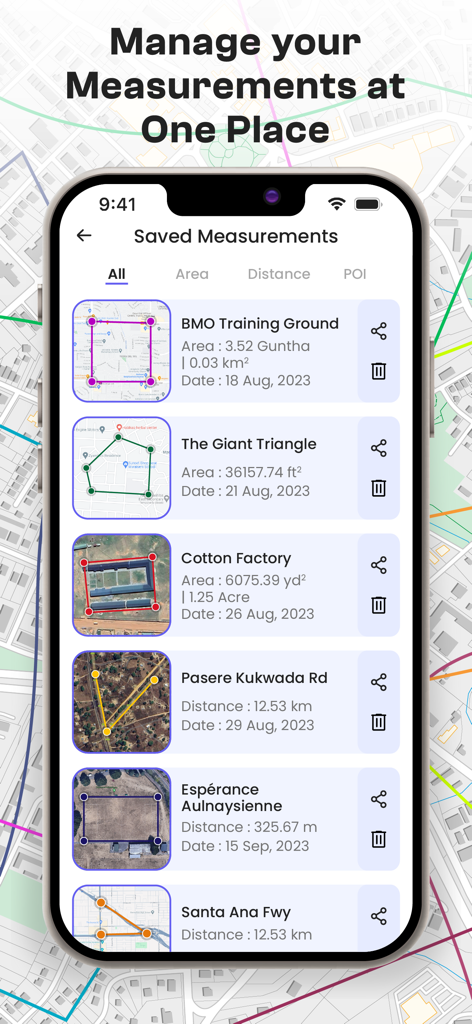 GPS Fields Area Measure on Map - Lista de medições salvas de área de terra e distância na interface do aplicativo GPS Fields