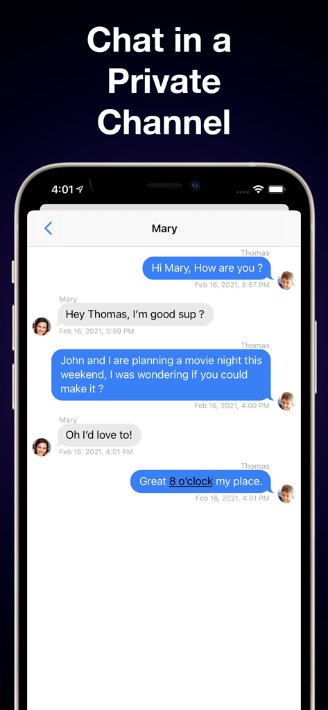 Interface de chat privado no aplicativo Safe mostrando uma conversa de mensagens entre amigos.