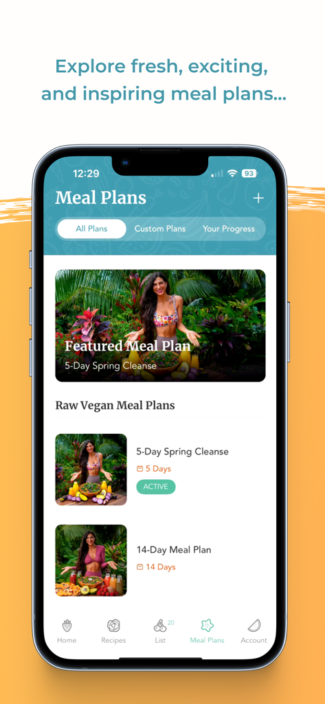 FullyRaw by Kristina app screen showing raw vegan meal plans and detox challenges