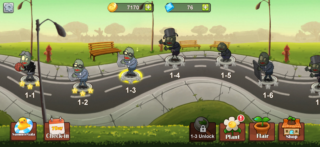 Mutated Plant-Super Skill - Level selection map in Mutated Plant-Super Skill featuring zombies as stage markers on a winding road.