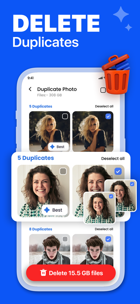 Interfaz de la aplicación Duster que muestra una herramienta para identificar y eliminar fotos duplicadas para liberar espacio en el teléfono