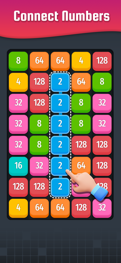 Number Connect - Link 2048 - カラフルなパズルグリッドで青い数字の2の縦のタイル列を接続している手