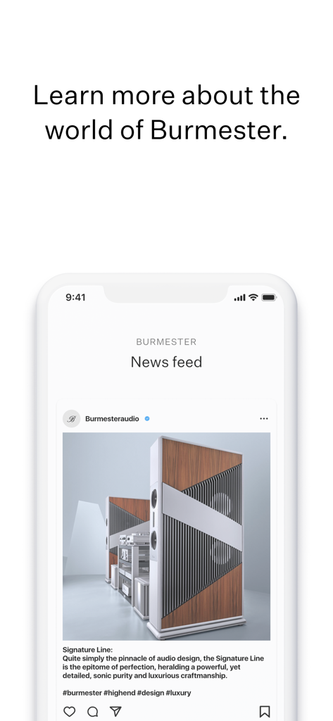 Burmester Soundcheck MB - Burmester Soundcheck MB app news feed showing Signature Line luxury speakers