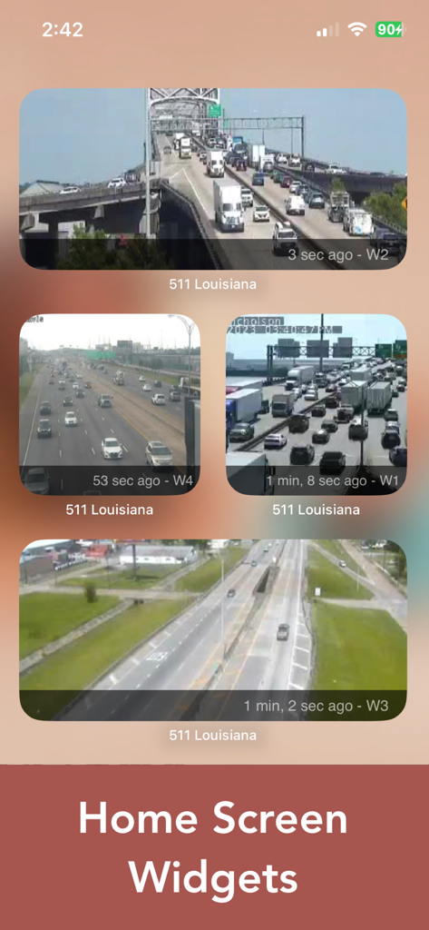 Louisiana 511 Traffic Cameras - iOS home screen displaying multiple live traffic camera widgets from the Louisiana 511 app showing real-time road conditions.