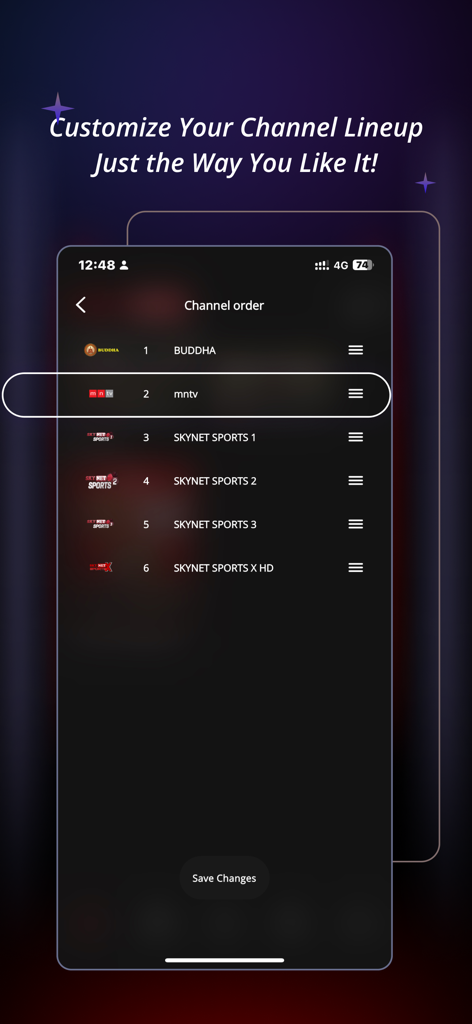 SKYNET Myanmar - Interface for customizing and reordering the channel lineup in the SKYNET Myanmar app.