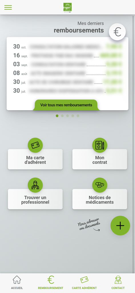 The home screen of the MGEN Solutions mobile app displaying medical reimbursements and insurance options