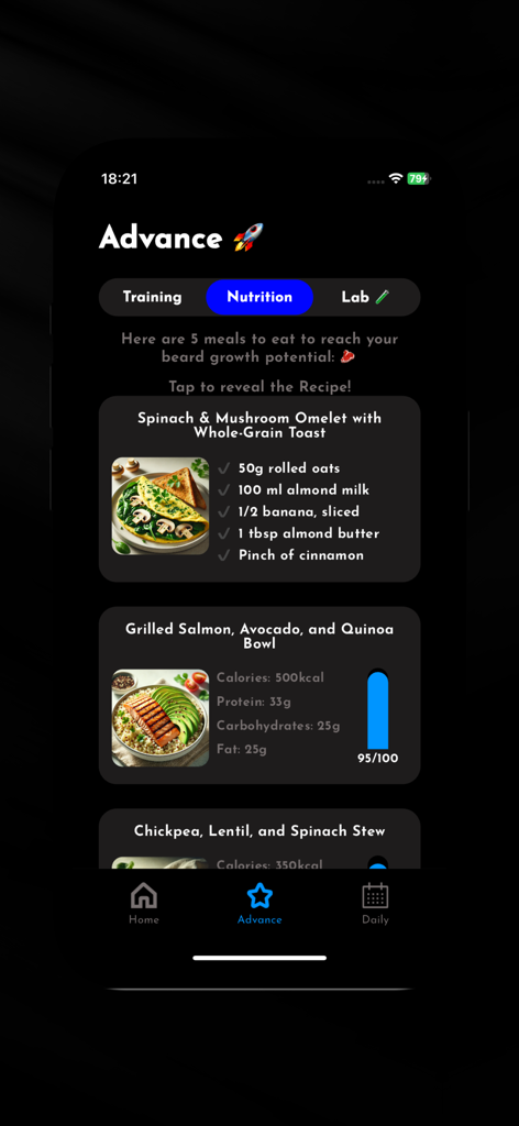 Beardly - Grow a Beard - Beardlyアプリのインターフェースに、髭（ひげ）の成長最適化のためのほうれん草オムレツや焼き鮭などの健康的な食事プランを含む栄養ガイドが表示されています