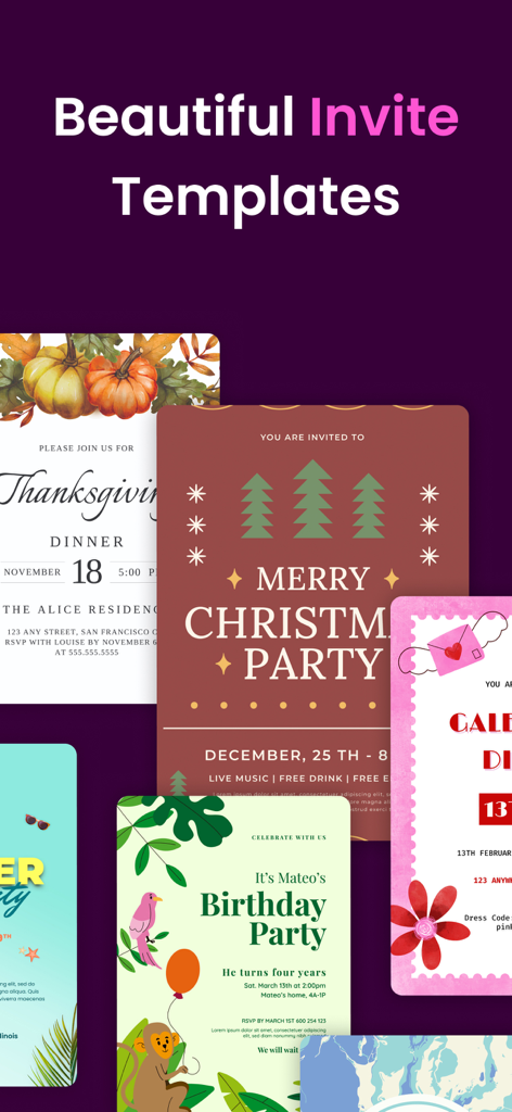 Invitation Maker - Card Maker - A variety of aesthetic invitation templates for Thanksgiving Christmas and children's birthday parties