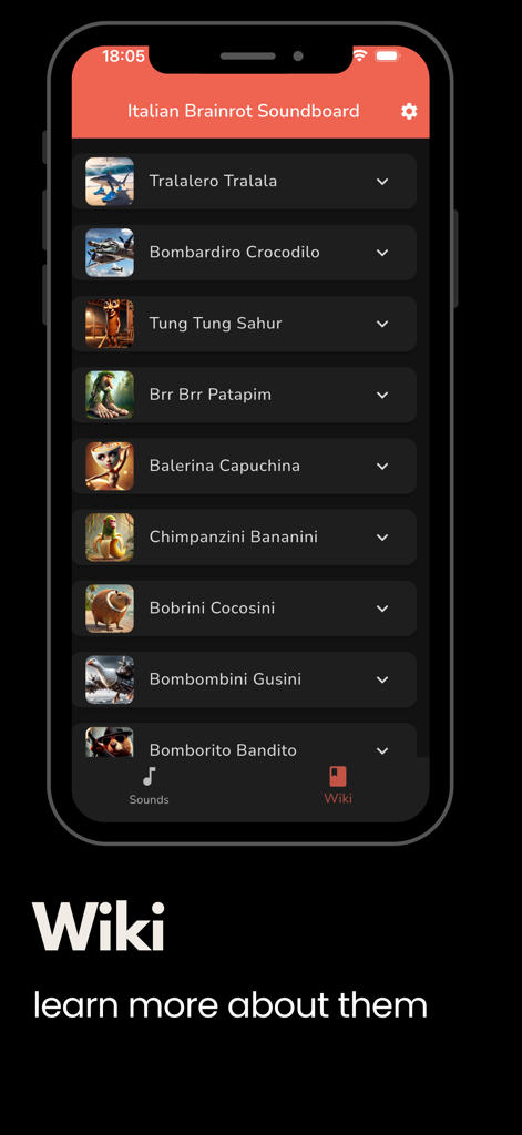 Italian Brainrot Soundboard - Screenshot of the Italian Brainrot Soundboard app Wiki section showing a list of viral meme sounds and characters.