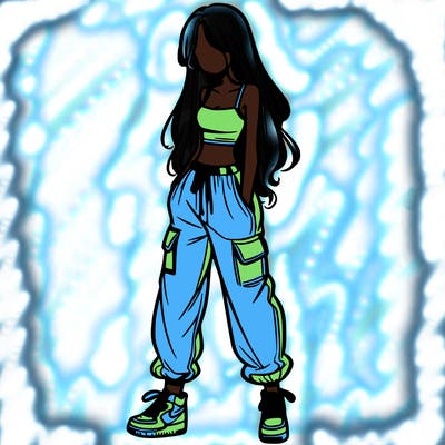 girl in baggy pants crop top and long hair