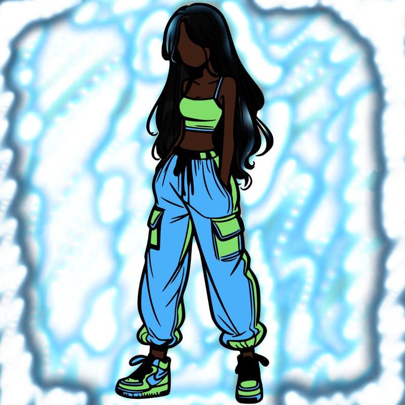 girl in baggy pants crop top and long hair