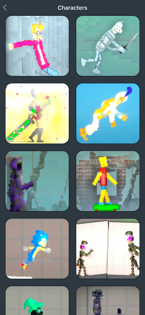 Gallery of character mods for Melon PG featuring popular cartoon and game characters