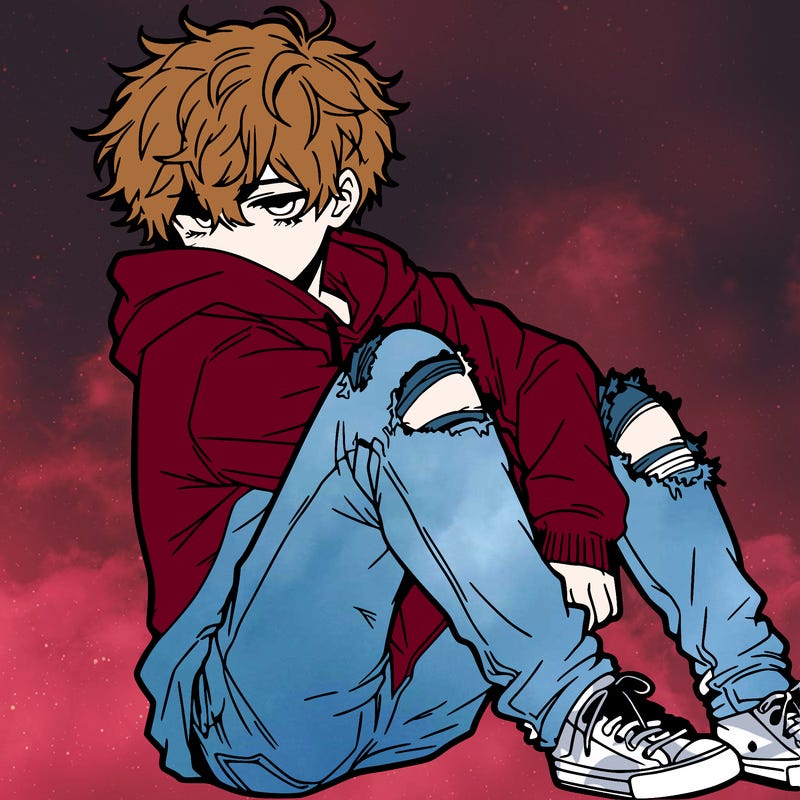 a male hoddie ripped jeans messy hair anime