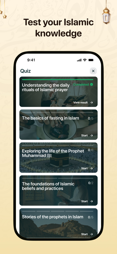 Interfaz de la aplicación Maarifa que muestra varios temas de cuestionarios de conocimiento islámico como oración, ayuno e historias de los profetas