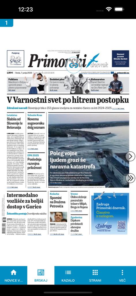 Primorski - Vista dell'app mobile della prima pagina del quotidiano Primorski