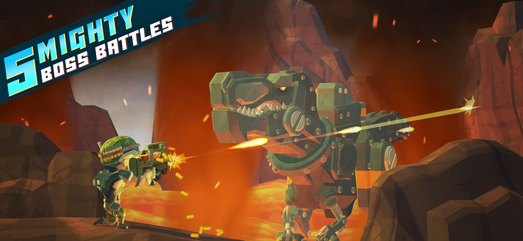 Major Mayhem 2: Action Hero - Major Mayhem character shooting a giant robotic T-Rex boss in a lava cave