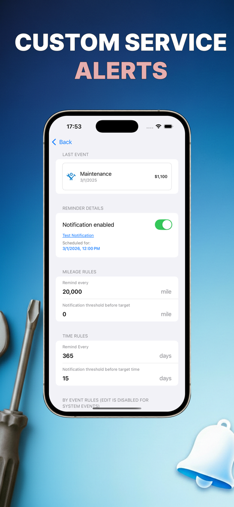 Interface of AutoStat app showing custom car service alerts and maintenance reminder settings for mileage and time intervals.