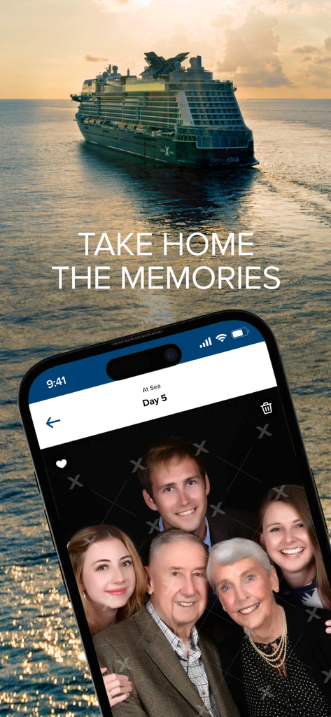 A smartphone screen displaying a family vacation photo from a cruise alongside the Celebrity Edge ship at sea