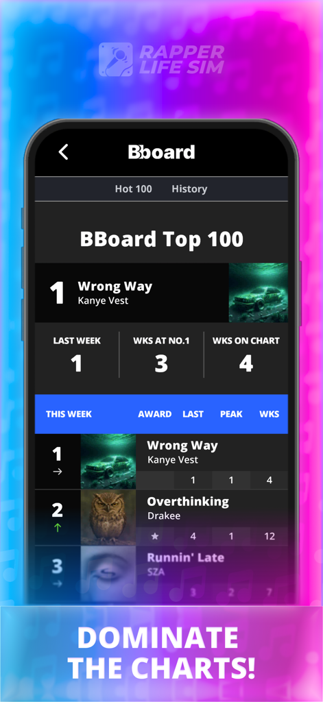 Rapper Life Simulator - Rapper Life Simulator mobile game screen showing music rankings on the BBoard Top 100 chart with the caption Dominate the Charts