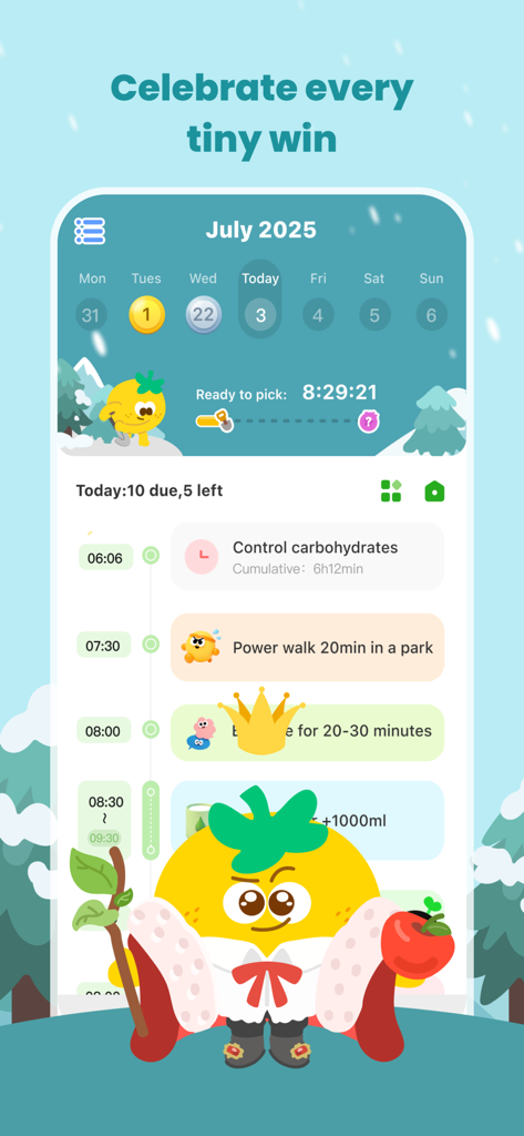 MeGrow App-Oberfläche, die einen täglichen Gewohnheitsplan und eine niedliche Tomatenfigur in königlicher Kleidung zeigt, die kleine Erfolge feiert