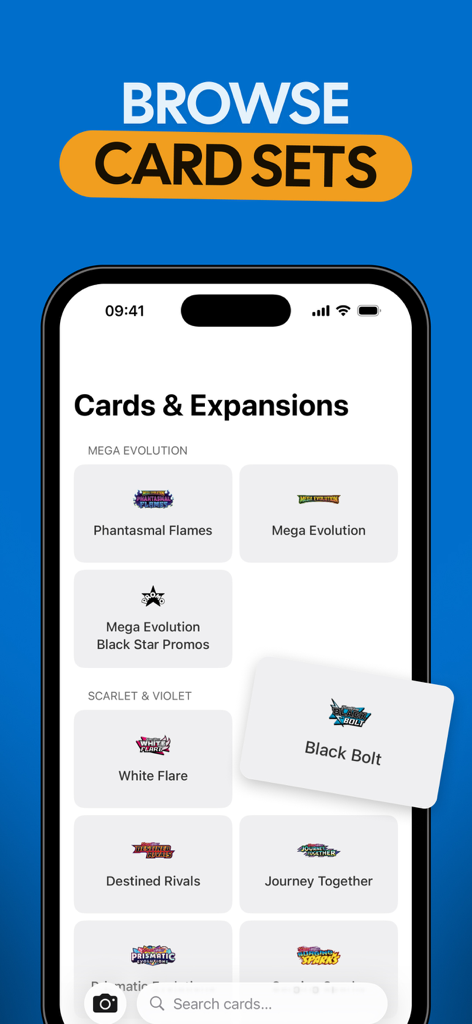 A screen from the Poke Card Value Scanner app showing various Pokemon TCG expansion sets
