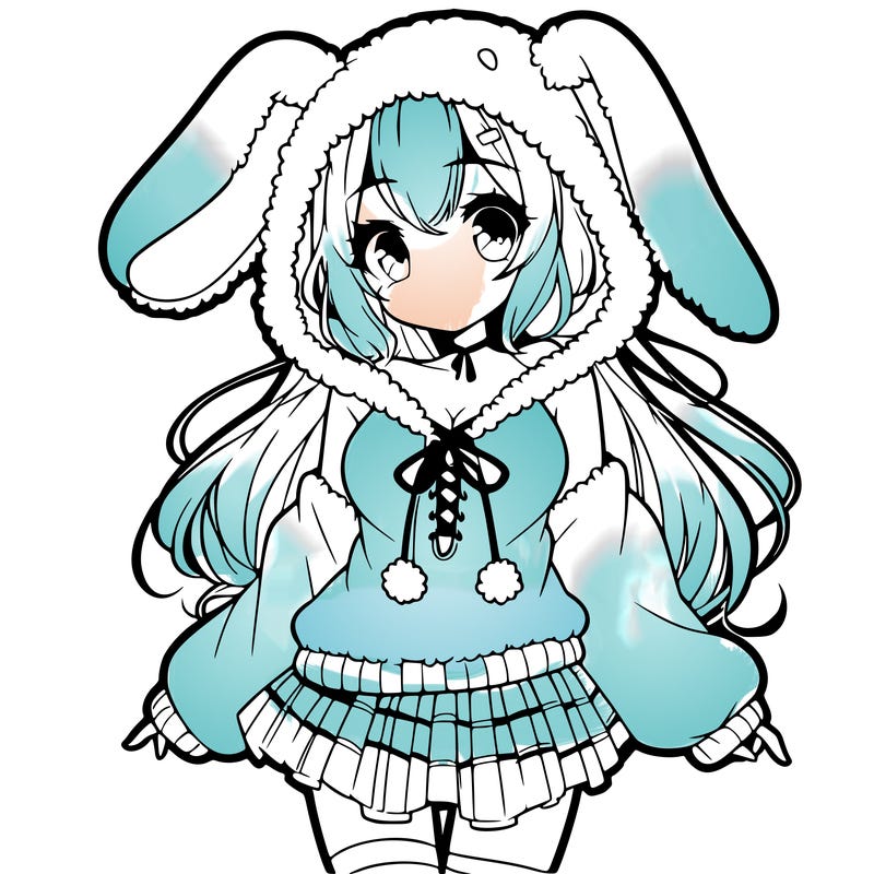 pretty anime girl wearing a fluffy hoodie with bunny ears on the hood and a skirt