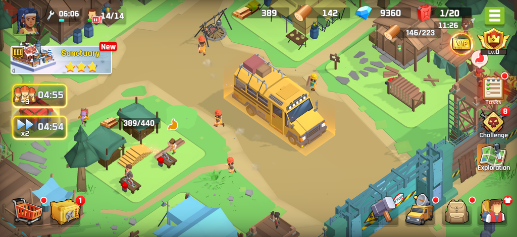 A top down view of a survivor settlement in the game City of Survivors showing a yellow bus and resource collection points