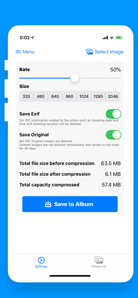 Image Compress & Resize Easily - Interface of Image Compress and Resize app showing compression rate slider size presets and file size reduction statistics