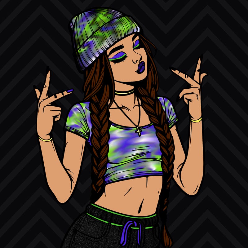 realistic teenage girl with braids and a beanie and crop top doing 🫶🏼