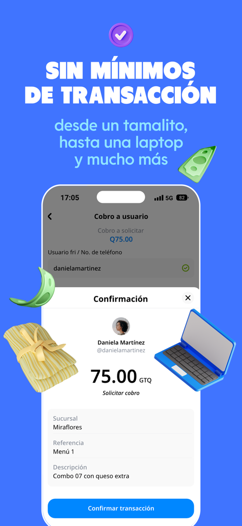 fri Negocios - Interfaz de la app móvil fri Negocios mostrando una confirmación de pago de 75 GTQ sin montos mínimos de transacción.