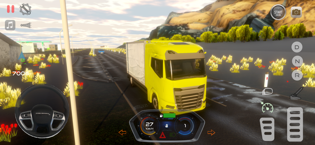 Real Truck Simulator Europe 3D - Gameplay von Real Truck Simulator Europe 3D, das einen gelben Kastenwagen auf einer Autobahn mit Bergkulisse zeigt