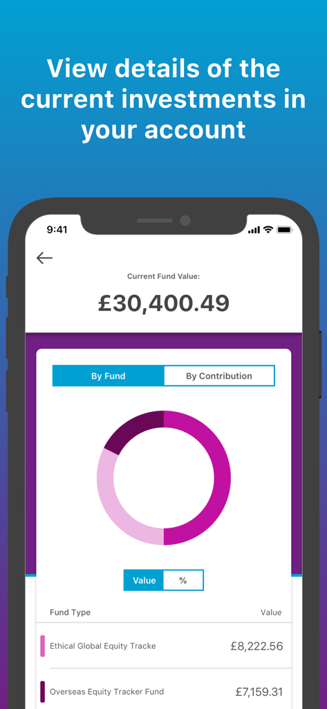 Track My Pension - Track My Pension app screen displaying current fund value and investment distribution chart