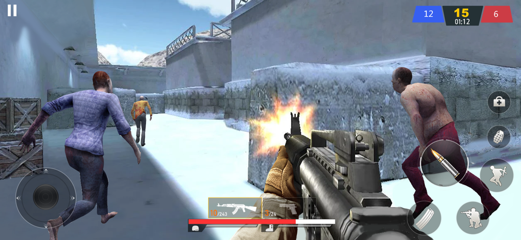 Critical Terrorist Shoot FPS - First person perspective of a player firing an assault rifle at zombies in a snowy urban environment